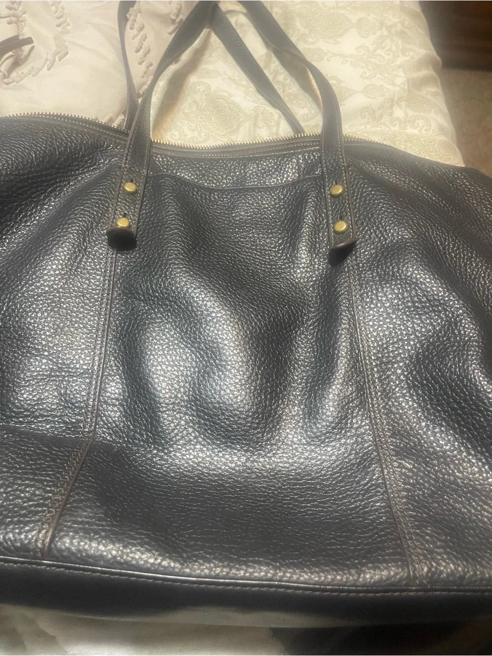 Distressed black with brown undertone leather fossil tote